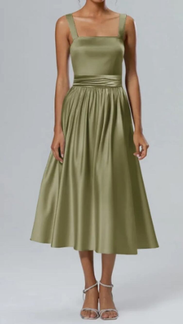 AW BRIDAL 2 XS fennel seed Aislin satin formal party midi dress NEW B45